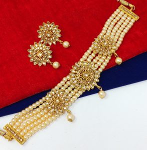 Kundan Studded Multistrand Pearl Choker Necklace Set
