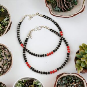 Red & Black Beaded Silver Plated Chain Anklets