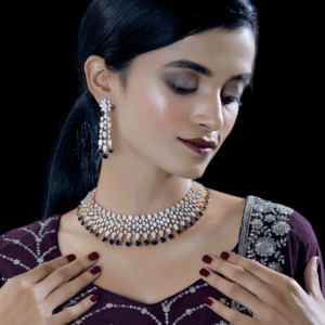 Rhodium-Plated Blue White CZ Studded Cubic Zircon Necklace Set