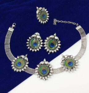 Oxidized Silver Peacock Pendent Jewelry Set