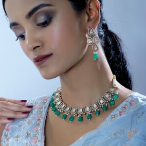 Green Pearl Uncut Polki Kundan and CZ Jewelry Set