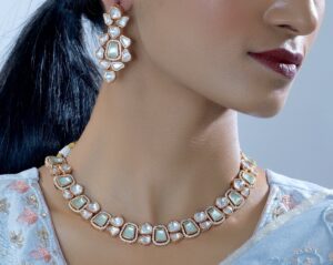 Rose Gold Plated CZ Studded Uncut Polki Kundan Jewelry Set