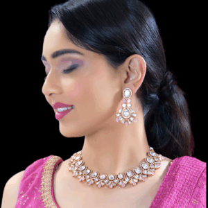 Pink Pearl CZ Studded Uncut White Polki Kundan Jewelry Set